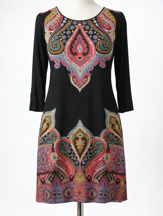 cha cha vente Dresses & Skirts - Vintage Black Boho Paisley Dress Tunic Jewel Tone Floral 3/4 Sleeve | SIZE SMALL
